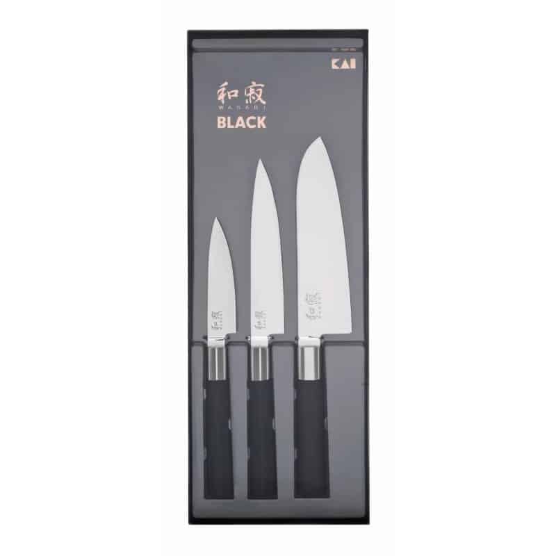 Coffret / Set 3 couteaux (Office, Petty, Santoku) - Kai Wasabi Black - procouteaux