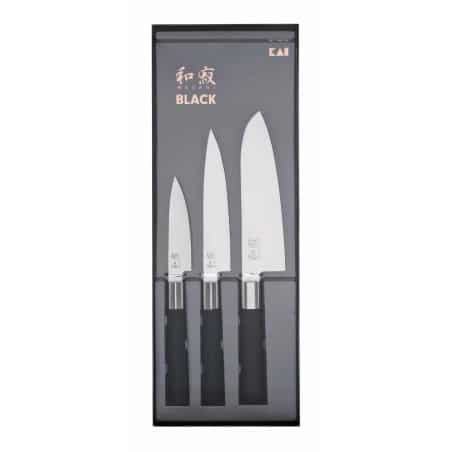 Coffret / Set 3 couteaux (Office, Petty, Santoku) - Kai Wasabi Black - procouteaux