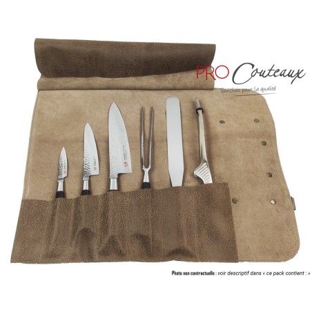 Mallette Chef Cuir - 3 Couteaux Japonais SUNCRAFT  et 3 ustensiles - gravure LASER offerte