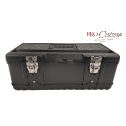 ProCouteaux - Mallette ALU Mbox noir., Mallette pour couteaux et ustensiles de cuisineSeulement vendu pour remplacer votre mallette maxi iziLa mallette "AluMini" vendue vide est idéale pour ranger tous vos ustensiles.Sa grande capacité vous permettra de stocker tous les ustensiles nécessaires à votre métier (boulanger, cuisinier, pâtissier, boucher...) même les plus encombrants.Son plateau supérieur, entièrement lavable, est composé de 4 compartiments (2 longs et 2 petits) afin de séparer les plus petits ustensiles pour les retrouver plus facilement.Fabriqué en polypropylène résistant aux chocs avec structure en acier allié peint en bleu clair par poudrage. 1 Poignée caoutchoutée confortable. 1 Plateau intérieur amovible. 2 Fermetures en métal1 Oeillet pour pouvoir fermer de manière sûre avec un cadenas (en option)