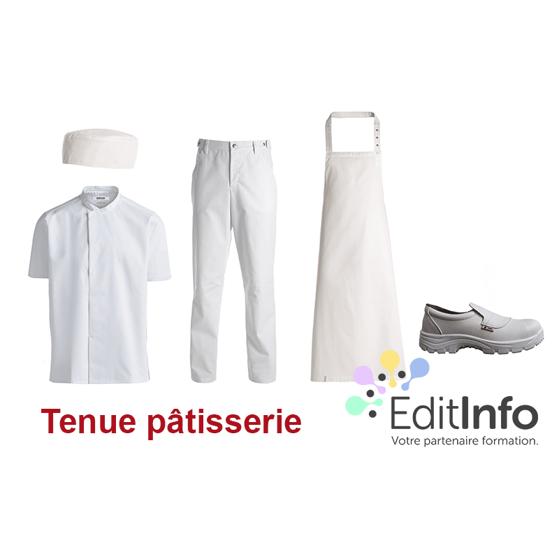 ProCouteaux - Tenue Professionnelle Pâtisserie - EDIT INFO - 2022, Votre tenue professionnelle de pâtisserie avec notre partenaire EDIT INFO Tenue comprenant : une veste, un pantalon, un tablier, un calot et une paire de chaussures.Veillez à bien choisir votre taille dans les options.(Vous pouvez choisir la broderie sur votre veste (+ 6 €), il vous faut cliquer sur gravure/broderie après avoir choisi votre taille dans les options)