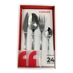 ProCouteaux - Set couverts de table - Comas - 24 pièces - Mia, 24 couverts de table, idéal pour dresser vos tables comme des chefs !Ces couverts de table en acier inoxydable, sont les basiques à avoir chez soi. Parfait pour vos repas quotidiens, mais aussi pour les occasions grâce à leur élégance dû aux manches en pointes.Retrouvez l'ensemble de nos sets de table